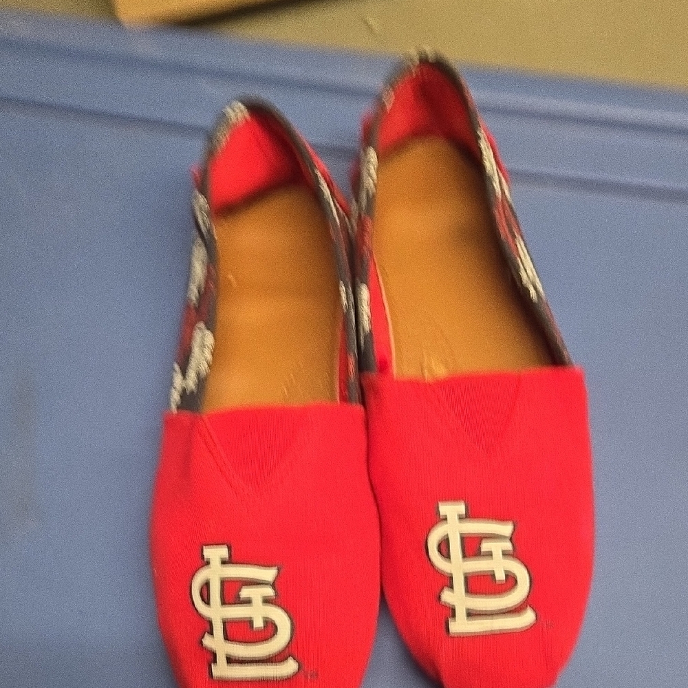 Red Slip-On Flats with Embroidered Logo Accent